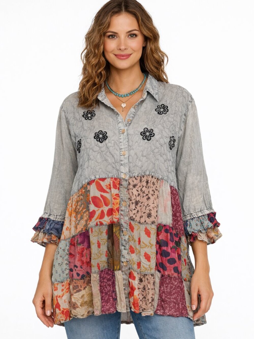 Young Threads Boho Embroidered Blouse in Multicolor Patchwork Size 1X